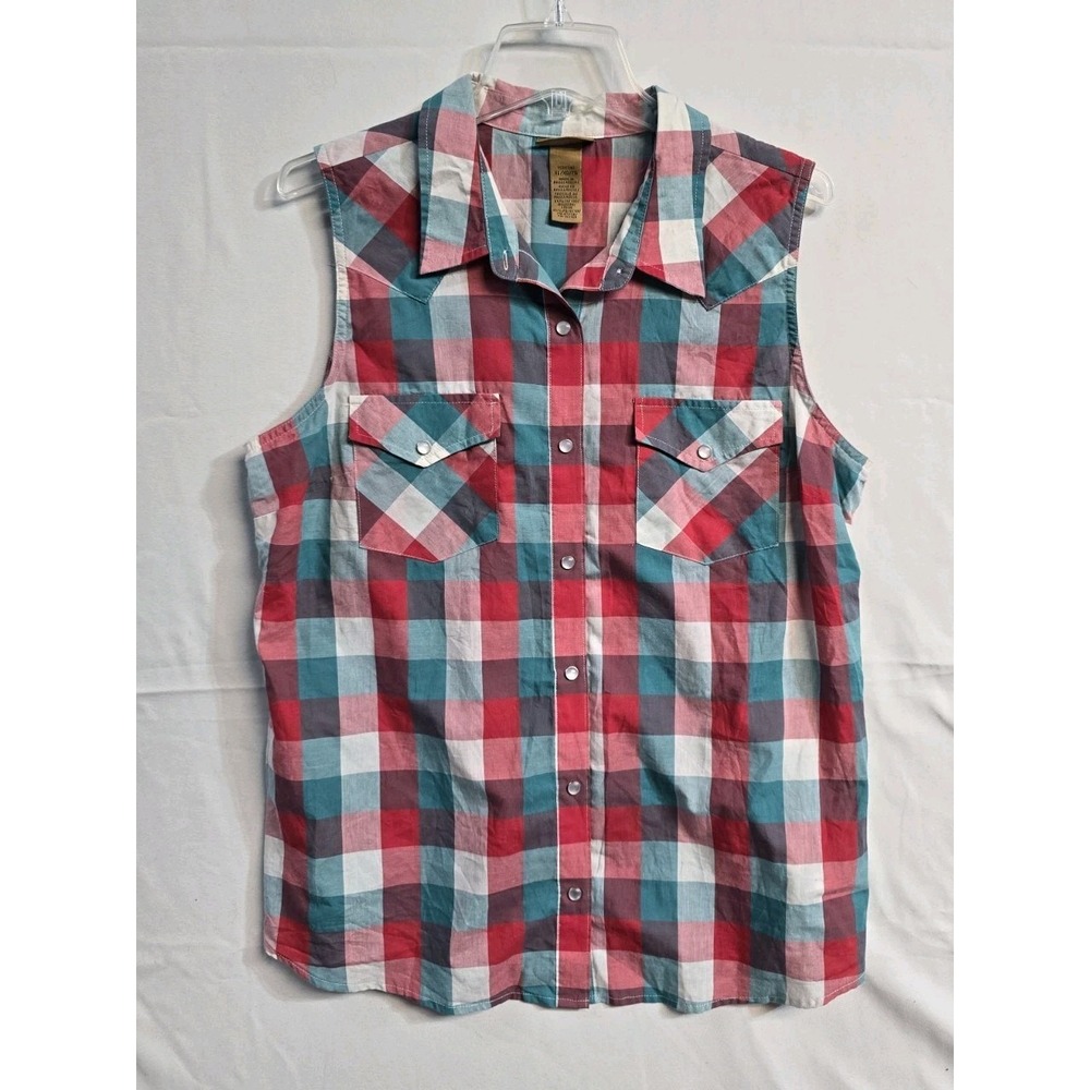 Wrangler Shirt Womens XL  Multicolor Plaid Sleeveless Western Pearl Snap Pockets